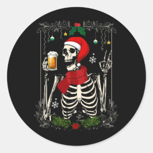 Adesivo Redondo Papais noeis Skeleton Bebendo Beer Retro Feliz Nat