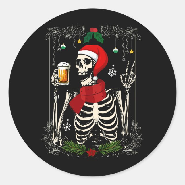 Adesivo Redondo Papais noeis Skeleton Bebendo Beer Retro Feliz Nat (Frente)