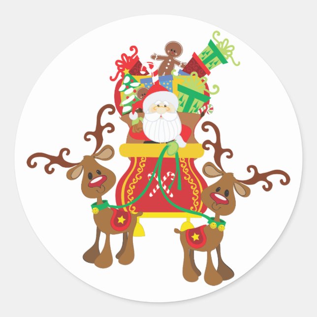 Adesivo Redondo Papais noeis Sleigh E Reindeer Sticker (Frente)