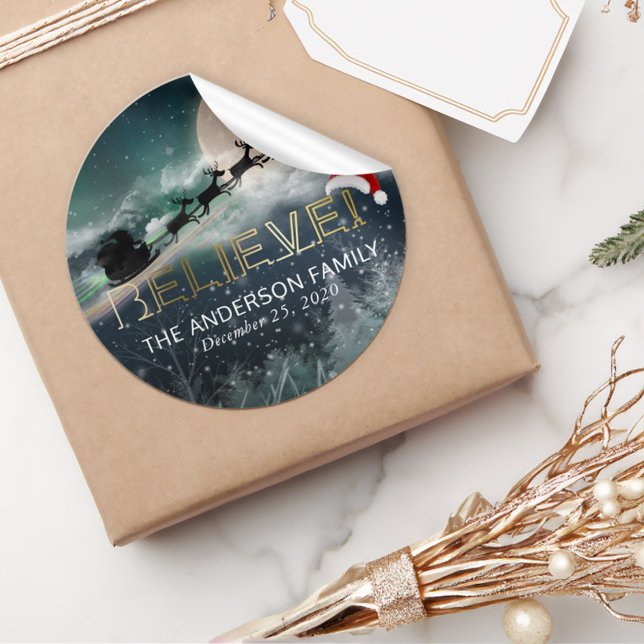 Adesivo Redondo Papais noeis Sleigh Reindeer de Natal ACREDITE San (Criador carregado)