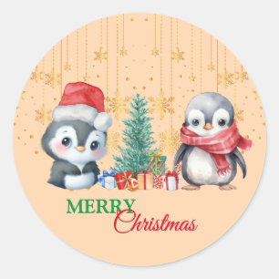 Adesivo Redondo Papais noeis Vermelhos Pinguins Feliz Festa de Nat