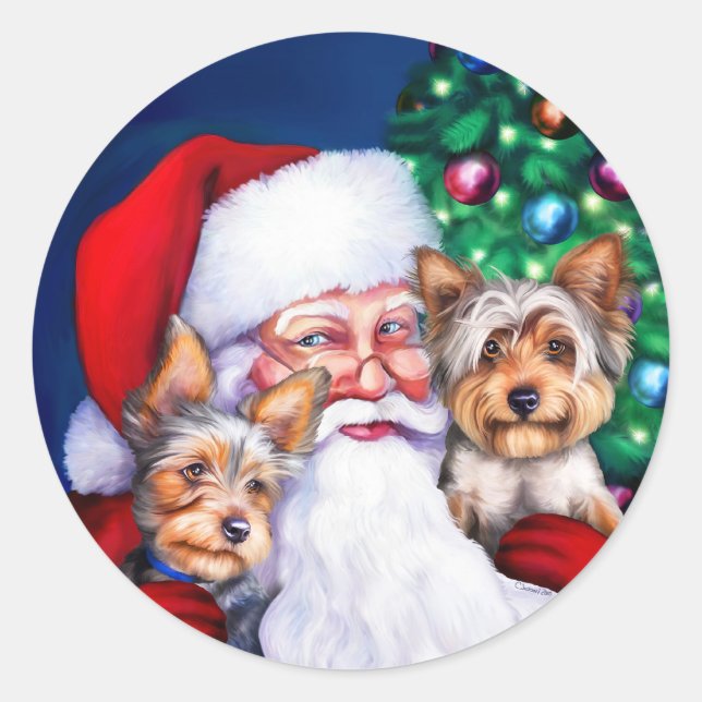 Adesivo Redondo Papais noeis Yorkies no Natal (Frente)