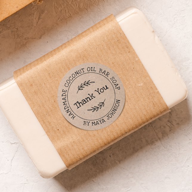 Adesivo Redondo Papel Artesanal Rústico Obrigado (Rustic Kraft Paper Handmade Thank You Classic Round Sticker)