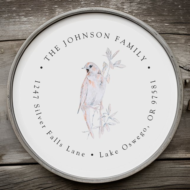 Adesivo Redondo Papel de carta de pássaro rouxinol cantando aquare (Criador carregado)