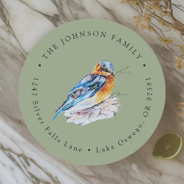 Adesivo Redondo Papel de Carta Elegante com Pássaro Azul em Aquare