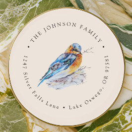 Adesivo Redondo Papel de Carta Elegante de Pássaro Azul em Aquarel