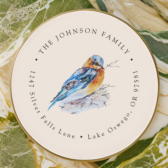Adesivo Redondo Papel de Carta Elegante de Pássaro Azul em Aquarel (Criador carregado)
