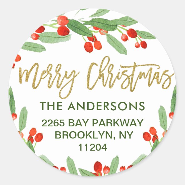Adesivo Redondo Papel de Carta Natal com Aguarela de Azevinho e Fr (Frente)