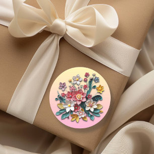 Adesivo Redondo Papel Floral Quilling Flores Rosa e Amarela