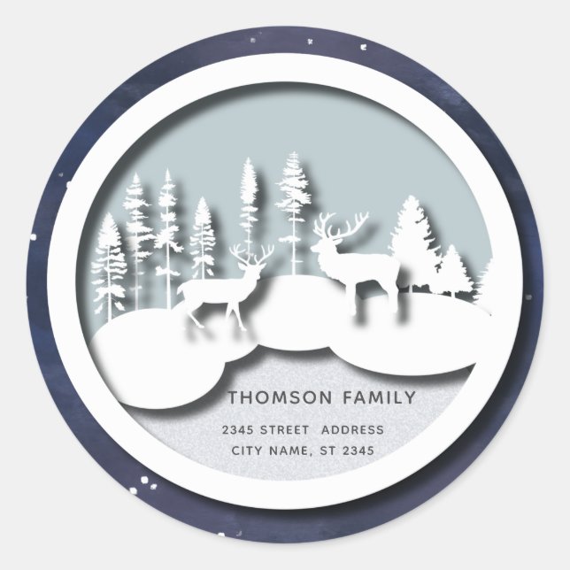 Adesivo Redondo Papel moderno cortado na cena de inverno endereço  (Frente)