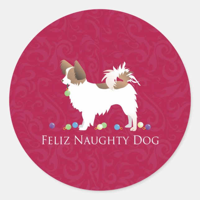 Adesivo Redondo Papillon Feliz Naughty Dog Natal (Frente)