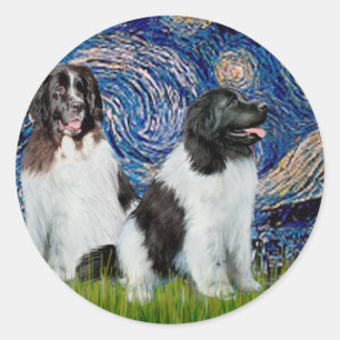 Adesivo Redondo Par de Landseer Newfie - Noite Estrelada