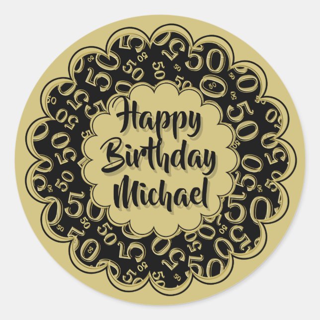 Adesivo Redondo Parabéns 50º Padrão de Número Legal Dourado/Preto (Frente)