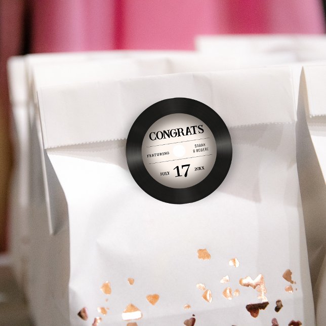 Adesivo Redondo Parabéns de Casamento Retro Vinil Record (Retro Vinyl Record Wedding Congratulations Classic Round Sticker
)