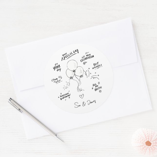 Adesivo Redondo Parabéns do Balão Moderno do Porodle Personalizado (Envelope)