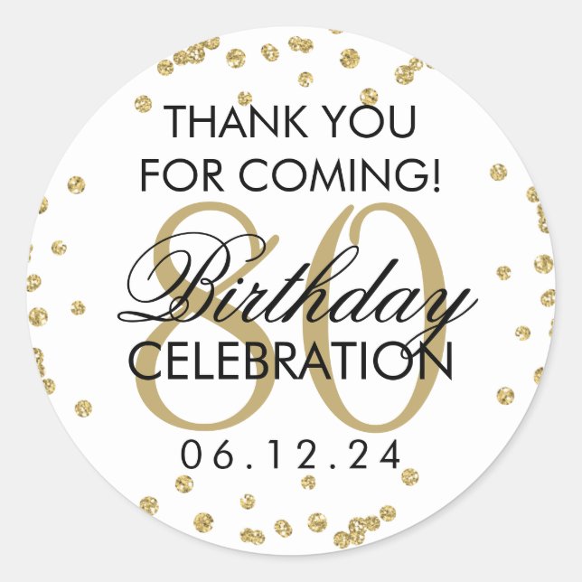 Adesivo Redondo Parabéns Dourado para 80, obrigado. (Frente)