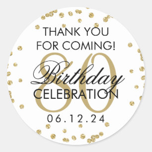 Adesivo Redondo Parabéns Dourado para 80, obrigado.