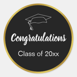 Adesivo Redondo Parabéns Graduação em Classe Dourada Preta Branco