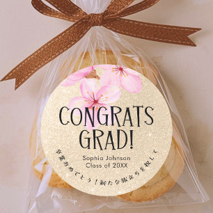 Adesivo Redondo Parabéns Graduado Flor de Cerejeira Dourado Brilha