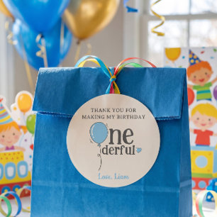 Adesivo Redondo Parabéns Mr Onederful Aniversário Balão Azul Obrig