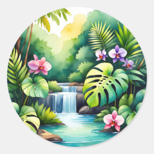 Adesivo Redondo Paraíso de Orquídeas da Cachoeira da Selva Tropica