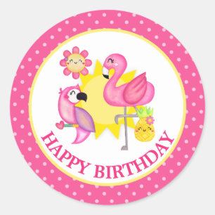 Adesivo Redondo Paraíso de Verão Flamingo Papagaio Aniversário