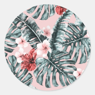 Adesivo Redondo Paraíso Rosa Floral Botânico Ilha Tropical