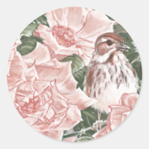 Adesivo Redondo Pardal de canção e pintura cor-de-rosa da flor d
