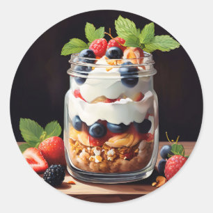Adesivo Redondo Parfait de Frutas Vermelhas em Pote de Vidro