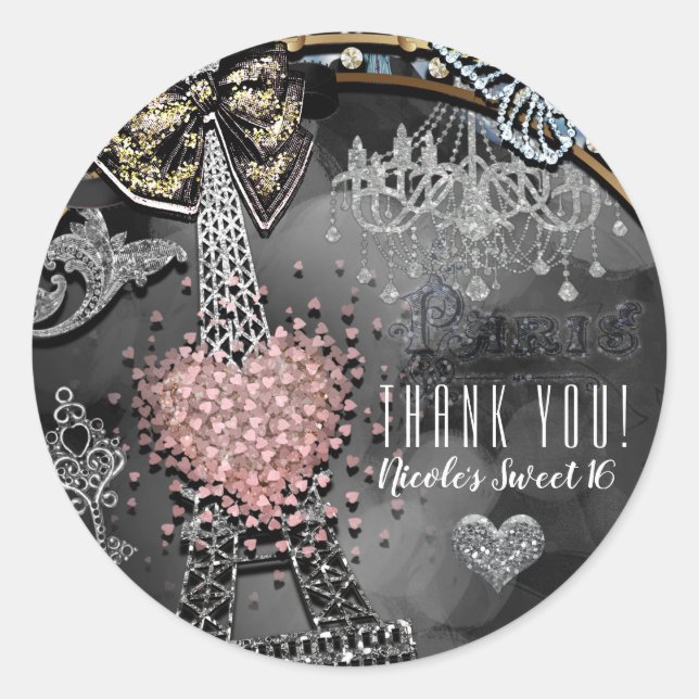 Adesivo Redondo Paris Bling Glamor Sparkle França Doce 16 Partido (Frente)
