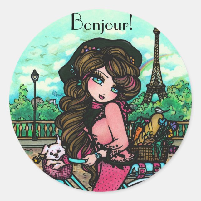 Adesivo Redondo Paris French Girl Bonjour Stickers by Hannah Lynn (Frente)