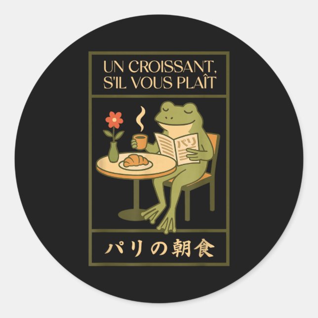 Adesivo Redondo Paris Frog French Croissant Cafe Japanese Art Brea (Frente)