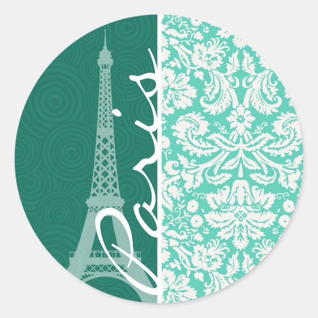Adesivo Redondo Paris; Seafoam Green Damask (Frente)