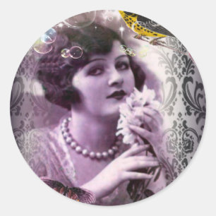 Adesivo Redondo parisiense na moda da menina gatsby do damasco do