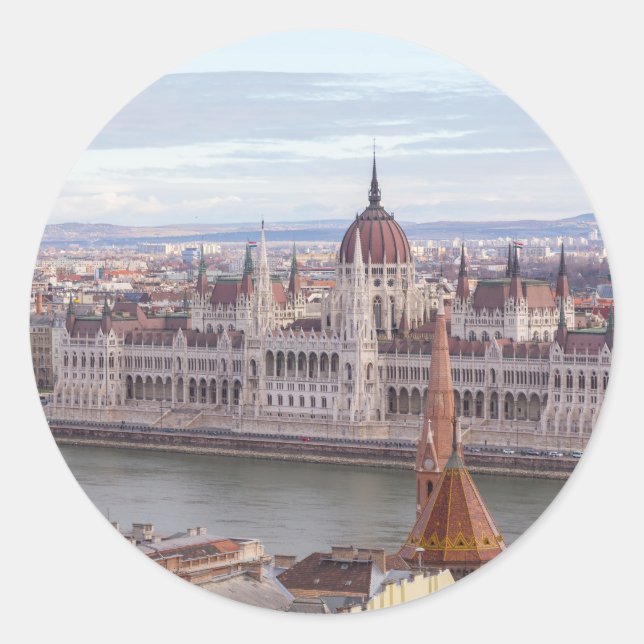 Adesivo Redondo Parlamento húngaro Budapeste por dia (Frente)