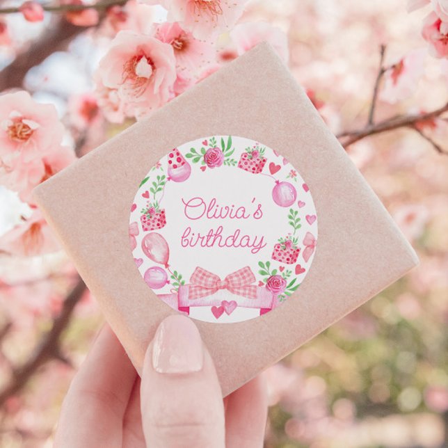 Adesivo Redondo Parppy Watercolor Arco Pink Coquette Girl Aniversá (cute pink coquette birthday party sticker with custom name and watercolor illustrations)