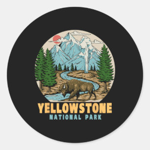 Adesivo Redondo Parque Nacional de Yellowstone Bison Retro Acampam