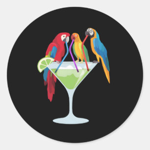 Adesivo Redondo Parrots Bebendo Margarita Férias Tropicais Hawai