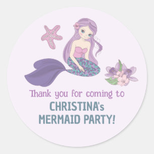 Adesivo Redondo Parteira Sereia Garota Aniversário Pastel Roxo