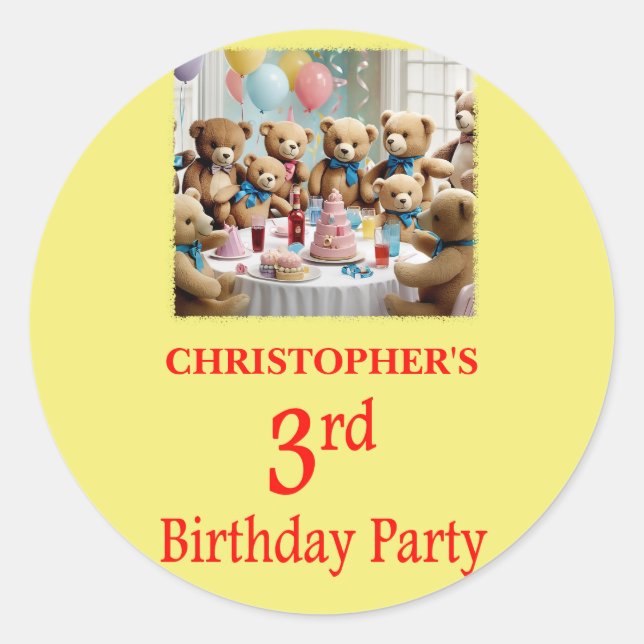 Adesivo Redondo Partido aniversário de 3 anos (Frente)