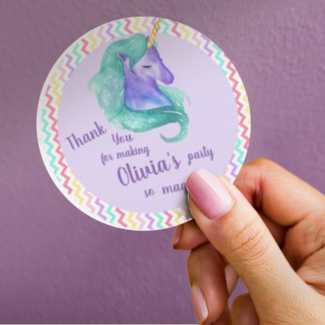 Adesivo Redondo Partido Aniversário de criança Magical do Unicórni (Magical Unicorn Chevron Pastel Kids Birthday Party Classic Round Sticker)