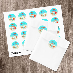 Adesivo Redondo Partido da praia do feliz aniversario