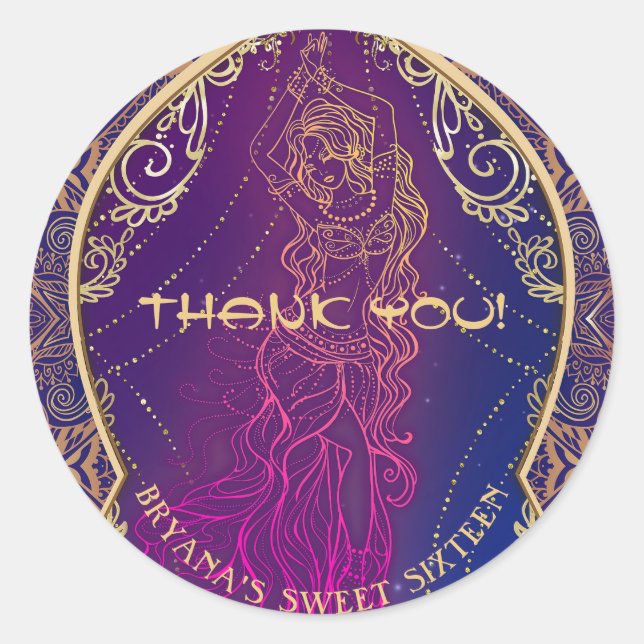 Adesivo Redondo Partido Dançarino Árabe roxo e Dourado marroquino (Frente)