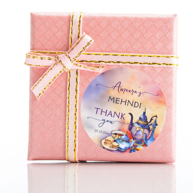Adesivo Redondo Partido do chá turco árabe mehndi henna te obrigad (Mehndi Arabian Turkish tea party favor gift thank you stickers Asian Muslim  wedding favor stickers)