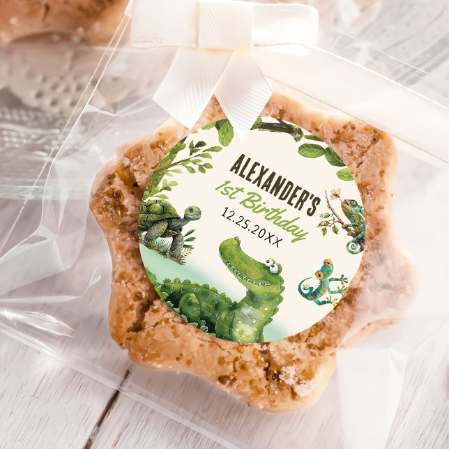 Adesivo Redondo Partido do primeiro aniversario de Réptil do Swamp (Criador carregado)