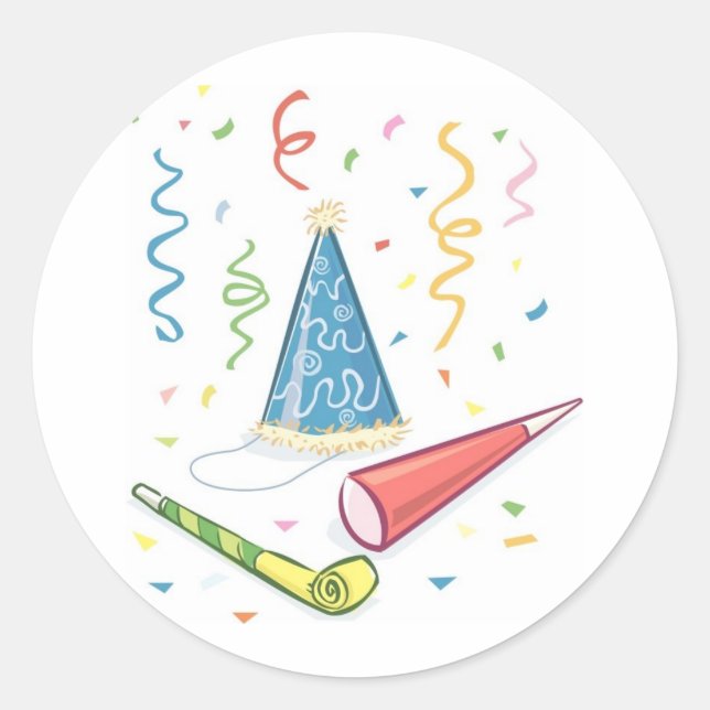 Adesivo Redondo Partido Festivo do Hemaker com Noisemakers (Frente)