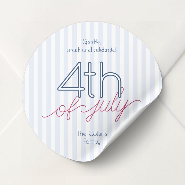 Adesivo Redondo Partido Modern Blue Strips 4 de julho de Verão (Modern Blue Stripes 4th of July Summer Party Classic Round Sticker)
