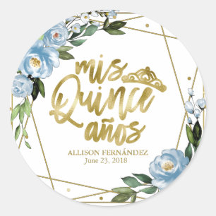 Adesivo Redondo Partido Quinceanera Gold Foil Dusty Blue Floral