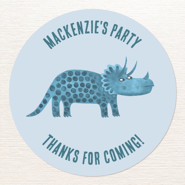 Adesivo Redondo Partido Tema Dinossauro Obrigado (Party thank you personalized custom name and text triceratops dinosaur sticker)