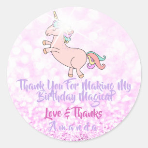 Adesivo Redondo Partido Unicórnio Favorece Obrigados Rosa Estimulo